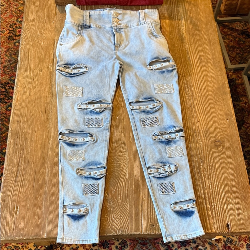Revel Trendy Light Blue high waisted Skinny Jeans with Distressed bling Accents